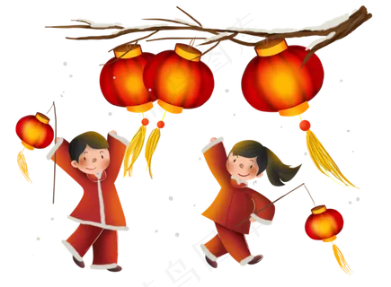 新年看灯笼的儿童,免抠元素