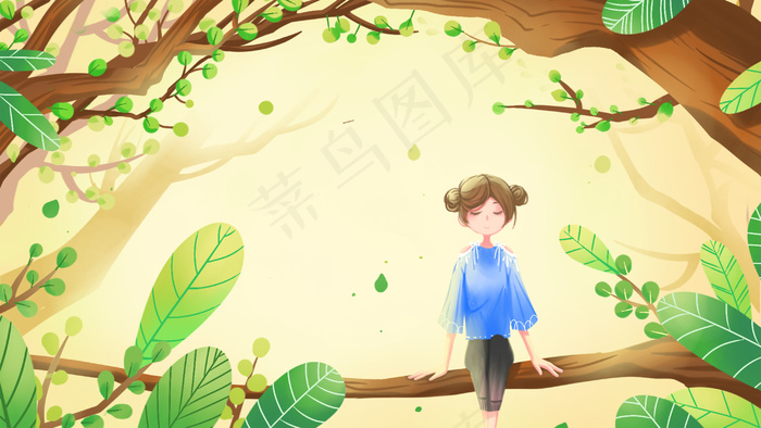 绿色黄色唯美治愈卡通清新夏季夏天树林配图(2880*1620px 300 dpi )psd模版下载