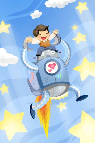 蓝色系卡通手绘风AI对话火箭男孩配图