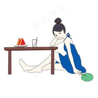 夏至摇扇子吃西瓜喝冷饮的少女P