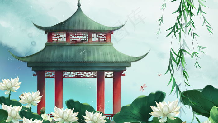 中国风初夏复古凉亭白莲池塘古风山水风景(2880*1620px 300 dpi )