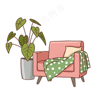 粉色系沙发和植物PNG免抠素材