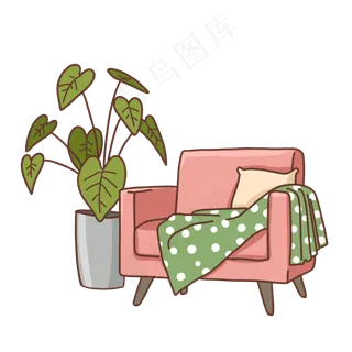 粉色系沙发和植物PNG免抠素材