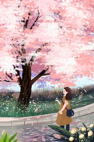 女孩欣赏樱花治愈系小清新