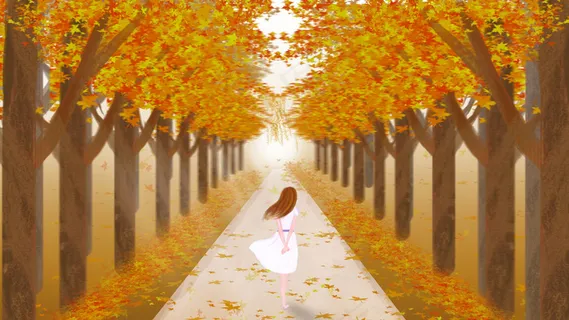 秋天枫树林手绘美女背影
