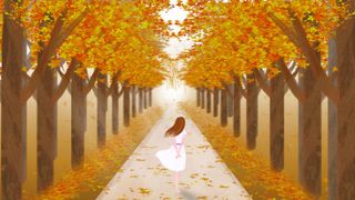 秋天枫树林手绘美女背影
