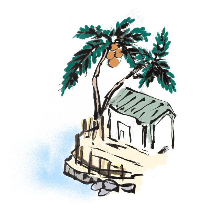 椰子树水墨椰子手绘插画