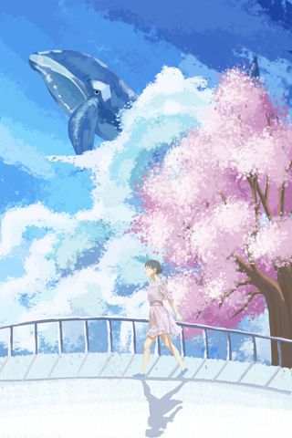 夏景蓝色唯美卡通夏日立夏女孩蓝鲸樱花