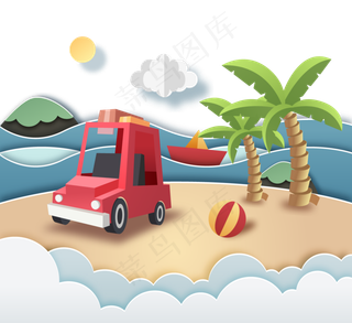 夏天椰子树海滩假期剪纸