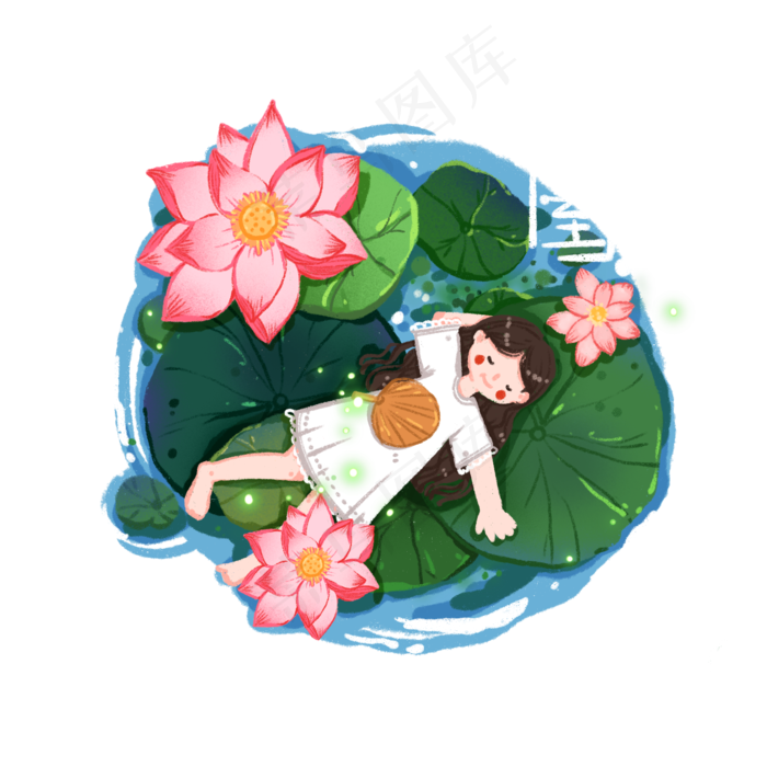 夏至荷花丛中小憩的女孩(2000X2000(DPI:300))psd模版下载