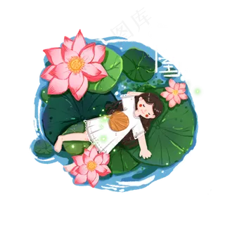 夏至荷花丛中小憩的女孩
