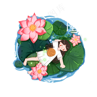 夏至荷花丛中小憩的女孩