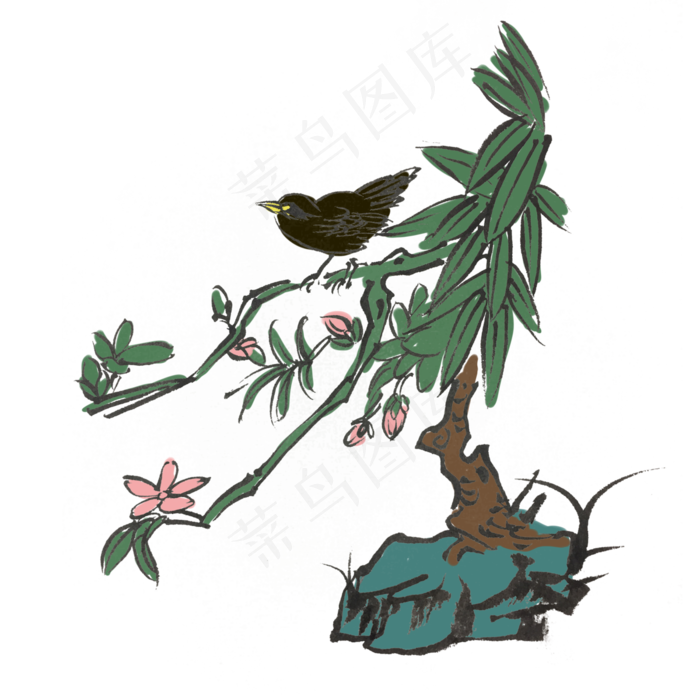 水墨花喜上眉梢手绘插画,免抠元素