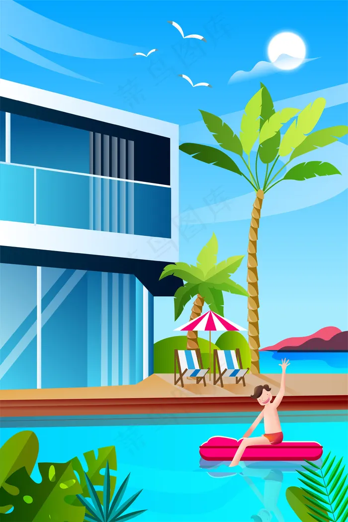 夏天游泳度假风光(3545*5315px 300 dpi )ai矢量模版下载