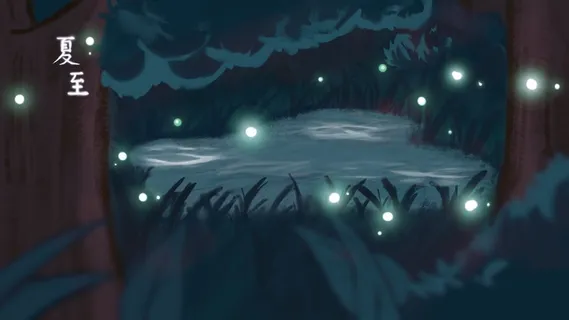 蓝绿色冷色调卡通夏天萤火虫夜晚