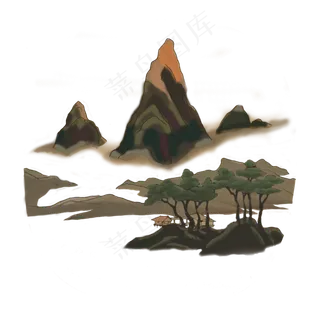 中国水墨工笔古典远山茅屋夕阳PNG,免抠元素