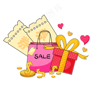 手绘双十一礼盒优惠券,免抠元素