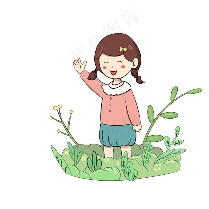儿童节快乐的小女孩手绘花草
