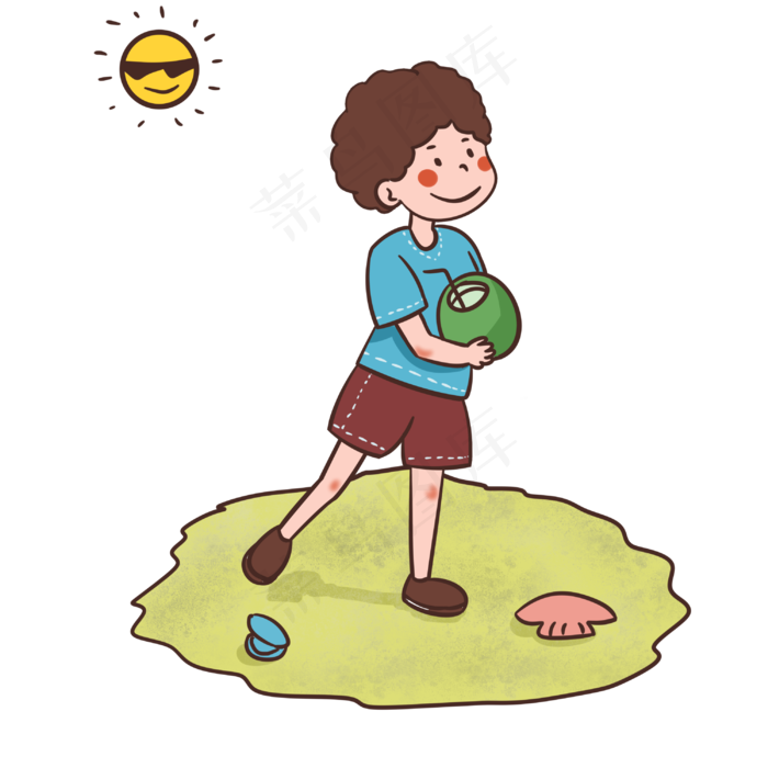 夏天在沙滩上喝椰子汁的男孩(3000X3000(DPI:299))psd模版下载