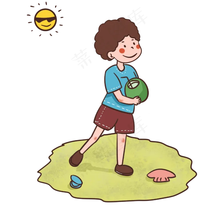 夏天在沙滩上喝椰子汁的男孩(3000X3000(DPI:299))psd模版下载