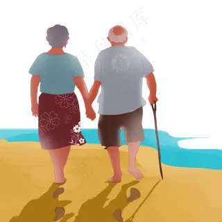 手绘老夫妻重阳节牵手出游