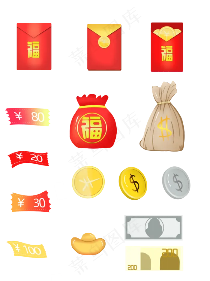 新年过节节日红包金币小元素套图(3072X4107(DPI:300))psd模版下载