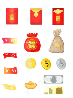 新年过节节日红包金币小元素套图