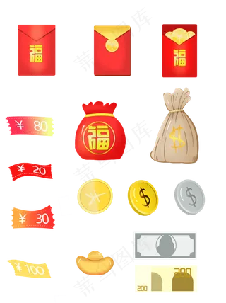 新年过节节日红包金币小元素套图