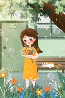 小清新春天节气女孩院子捧花 小清新春天节气女孩院子捧花