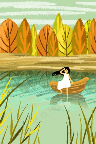 秋分女孩乘船游湖