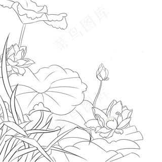 手绘中国风线条荷叶植物,免抠元素 手绘中国风线条荷叶植物,免抠元素