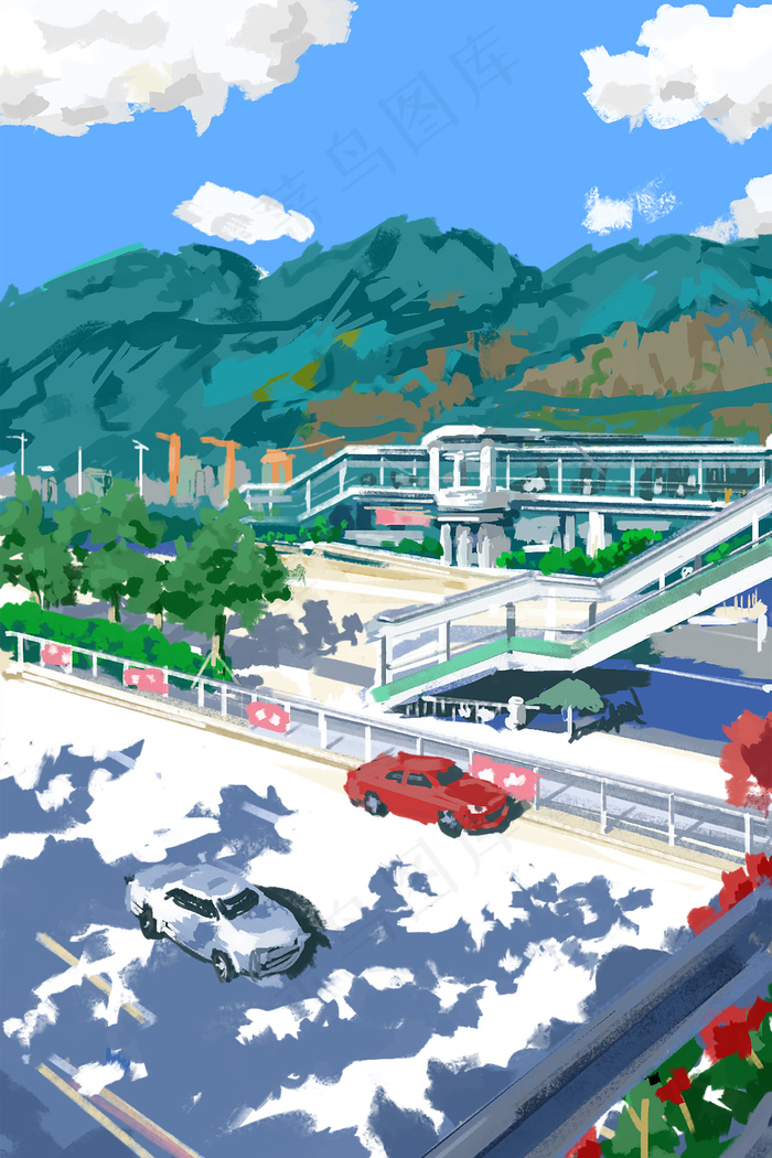 夏季街道清新空气远山(3545*5315px 300 dpi )psd模版下载
