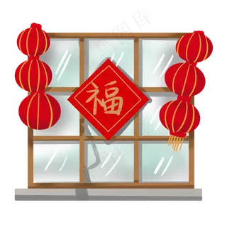 手绘可爱窗户上挂着灯笼元素,免抠元素