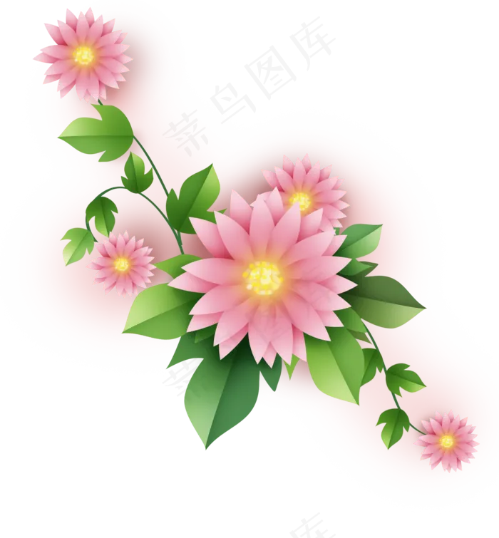 立体粉嫩非洲菊和叶子(2000X2158(DPI:299))psd模版下载