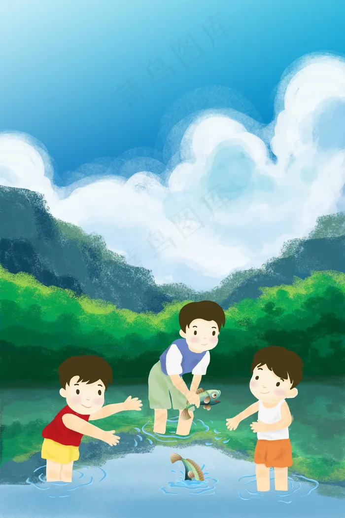 六一儿童节儿童小男孩在水中摸鱼玩耍手绘(3545X5315(DPI:300))psd模版下载