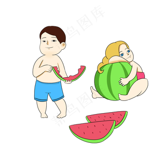 夏天小清新两个小孩吃西瓜