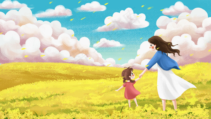 母亲节母女情亲温馨花海油菜花春天节日散步(2880*1620px 300 dpi )psd模版下载