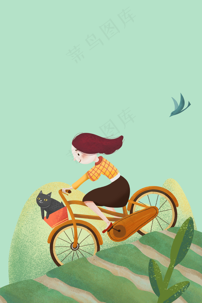 春分单车出行女孩插画海报