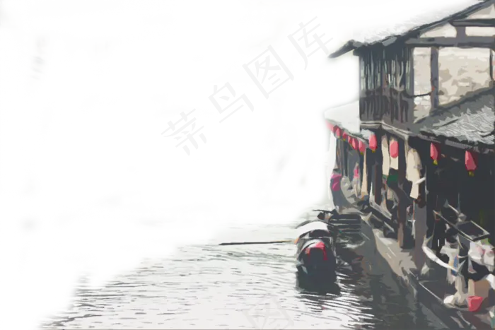 江南水乡旅游建筑水墨手绘,免抠元素