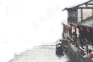 江南水乡旅游建筑水墨手绘,免抠元素