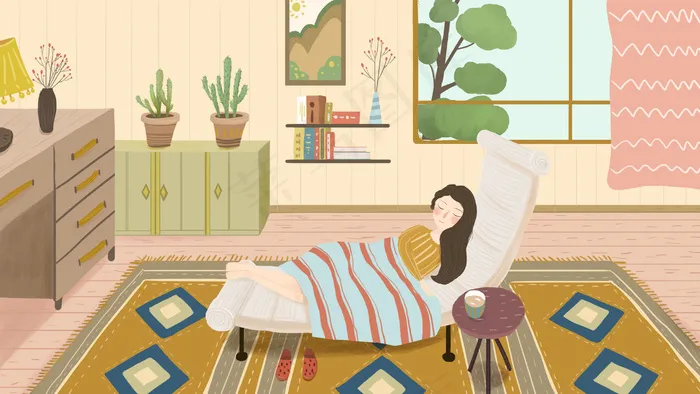 在躺椅上睡着的长发少女(2880X1620(DPI:300))psd模版下载