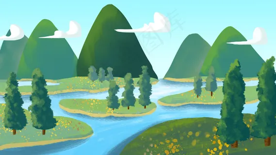 绿色小清新清明踏青手绘风山水