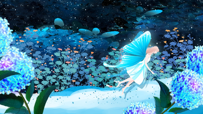 夜晚梦幻蓝色花海