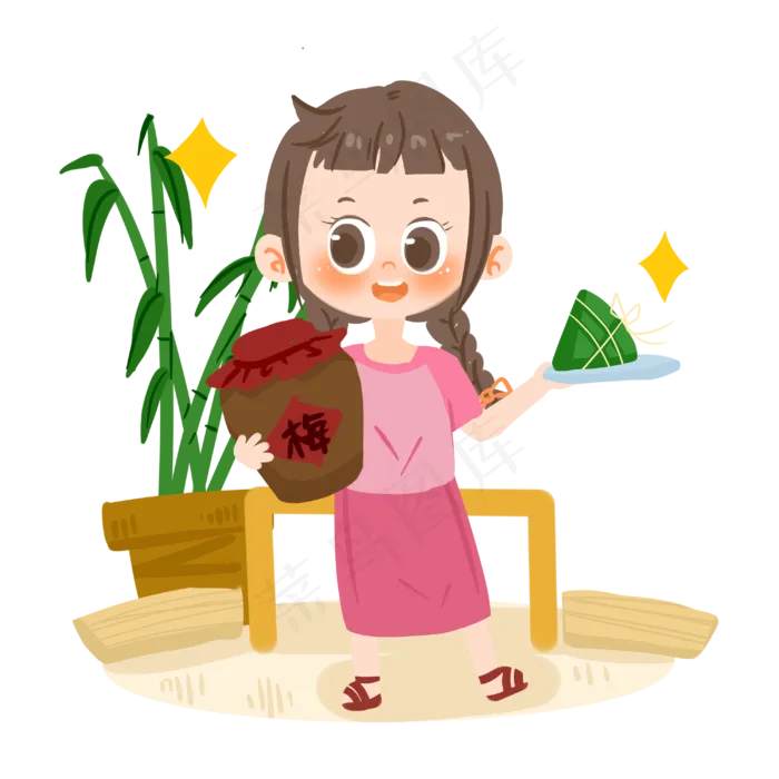 端午节卡通女孩捧粽子PNG素材(3000X3000(DPI:300))psd模版下载
