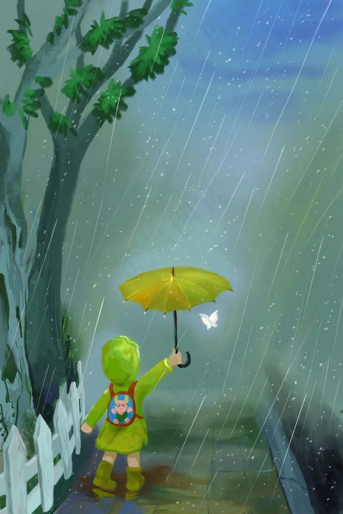 下雨天小女孩和蝴蝶(3545X5315(DPI:300))psd模版下载