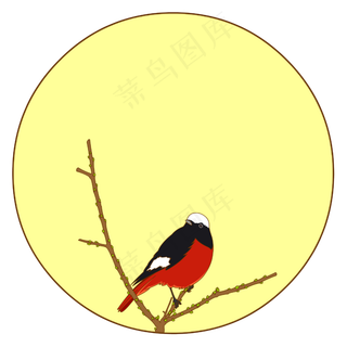 中国风花鸟圆形边框红腹红尾鸲矢,免抠元素