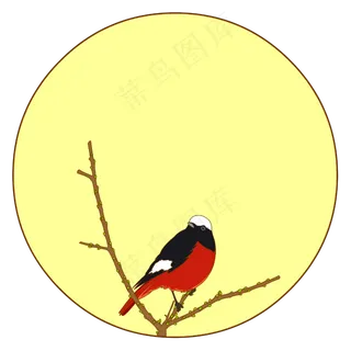 中国风花鸟圆形边框红腹红尾鸲矢,免抠元素