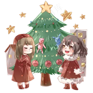 平安夜圣诞树下小女孩,免抠元素