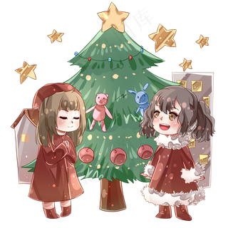 平安夜圣诞树下小女孩,免抠元素