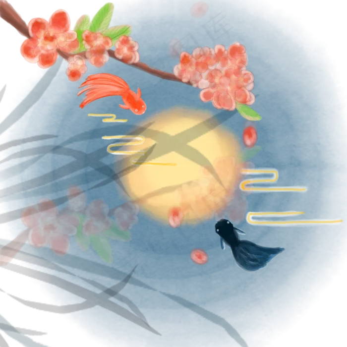 中国风水彩水墨桃花双鱼戏明月手(2000X2000(DPI:300))psd模版下载